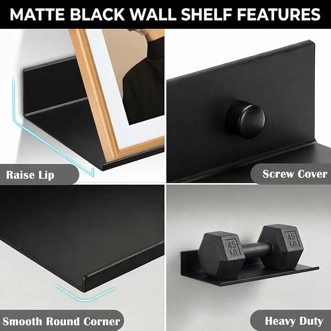 Z metnal Bathroom Shelf, Small Floating Wall Shelves, Decorative Ledge Shelf, Aluminum, Wall Mounted, Matt Black, 20/16/12 inch, 3 Set