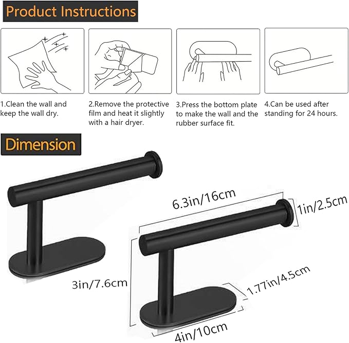 JOPOFI Toilet Paper Holder - Self Adhesive Toilet Paper Holder Wall Mount for Bathroom, SUS 304 Stainless Steel Command Strip Toilet Paper Roll Holder Stick On Wall, No Drilling - Matte Black（2 Pcs）