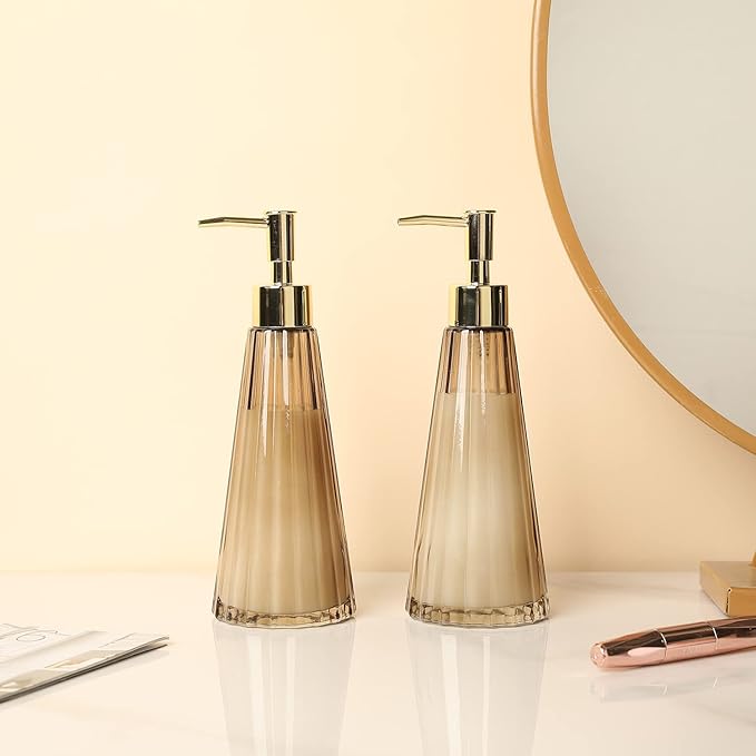 MyGift 2 Pcs Vintage Soap and Lotion Dispenser Set, Smoked Glass and Brass Liquid Pump Dispenser with Vertical Ribbed Design