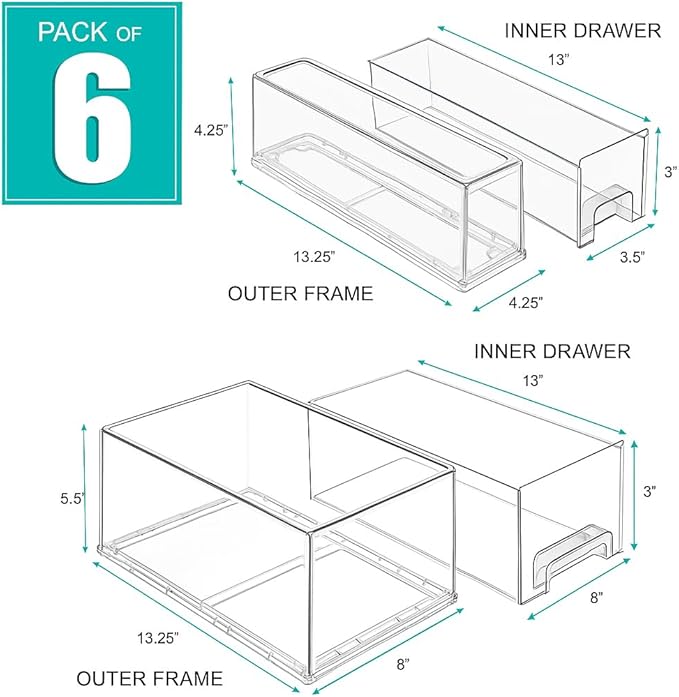 Sorbus 2 Large & 4 Small Clear Stackable Storage Drawers – Plastic Organizer Bins with Handles – Stackable Pull-Out Storage Drawers for Closet, Pantry, Office, Bathroom, Craft, and Toy Organization