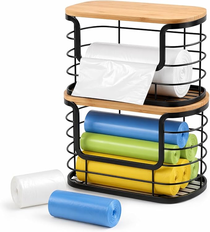 REFGY 2-Pack Multi-Purpose Trash Bag Holder & Stackable Kitchen Storage Organization Bins (11.02" x 6.69"), Protective Wire Basket with Natural Fiber Top, Versatile Garbage Bag Dispenser Under Sink