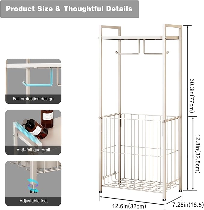 VOLDRA Toilet Paper Holder Stand with Storage Shelf, Free Standing Toilet Paper Roll Holder with Large Basket Heavy Duty Floor Double Tissue Dispenser for Bathroom Freestanding Tp Holder (Matte White)