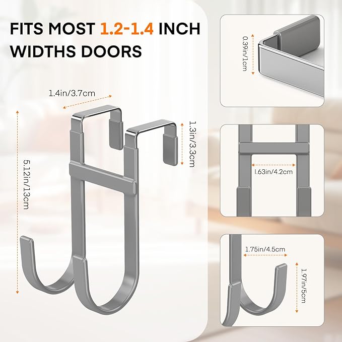 FYY Over The Door Hooks - 2 Pack Heavy Duty Double-Hanger Organizer for Bathroom Bedroom Dorm, Hanging Clothes Towels Hats Bags Ironing Board Wreath Robe - Fits Interior Doors Up to 1 3/8" Grey