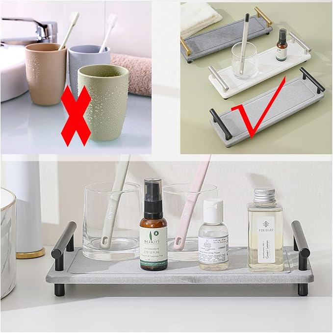 Instant Dry Sink Caddy Organizer,Diatomaceous Earth Bathroom Organizer with Handle Water Absorbing Stone Tray for Sink diatomaceous Tray for Home Bathroom Kitchen (L Gray Gold Handle)
