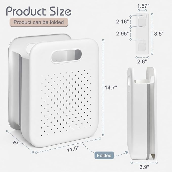 Goderewild Collapsible Laundry Basket, Space-Saving Wall-Mounted Hamper, Detachable Hanging Organizer for Home, Dorms, RVs, Measures 11.8" x 8" x 14.7" In (White)