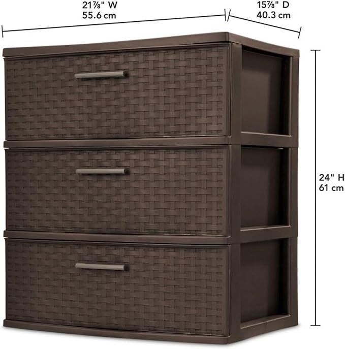 Sterilite 2-Pack 3-Drawer Wide Weave Tower, Storage Closet Organizer, Brown - Plastic Drawers and Containers for Bedroom, Cabinet, Clothes, Dresser, and Kitchen Pantry Organization