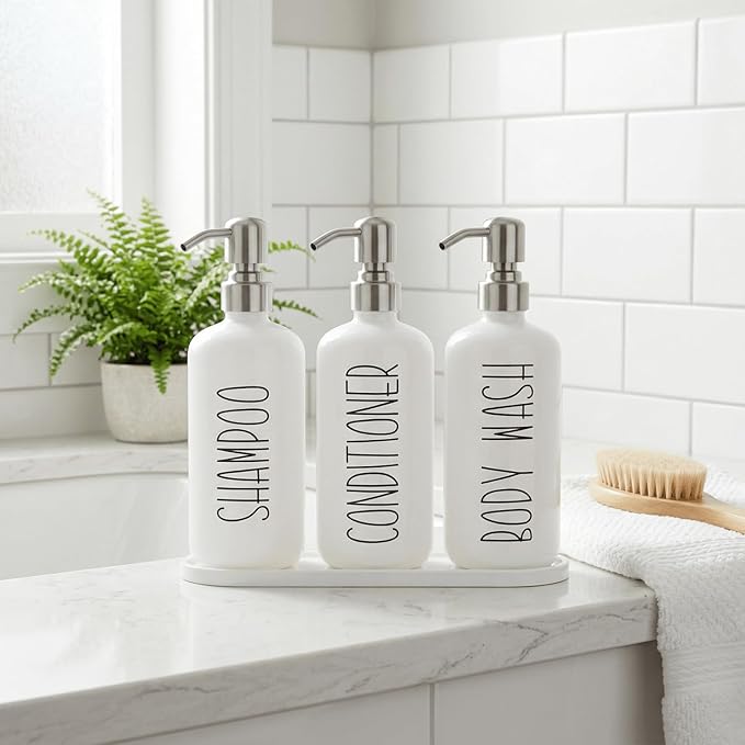 MOMEEMO Refillable Shampoo and Conditioner Bottles with Tray, Shower Shampoo Dispenser for Shower, Body Wash Dispenser for Shower, Shampoo Conditioner Dispenser with Stainless Steel Pumps (White)