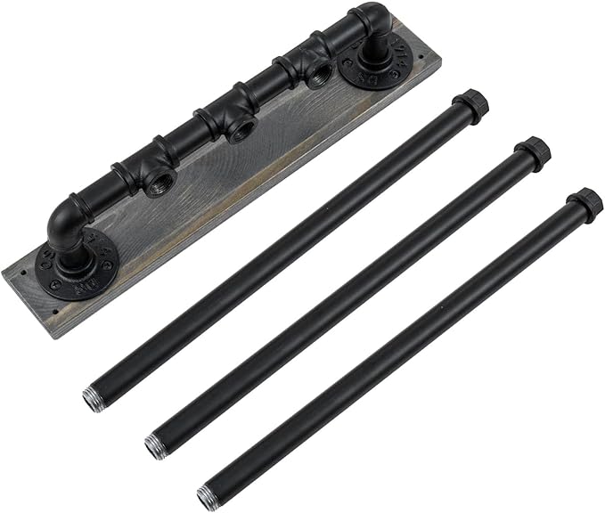 MyGift 17.3 Inch Wall Mounted Bathroom Swivel Towel Rack on Vintage Gray Solid Wood Board, 3 Tier Industrial Black Metal Pipe Bars with 180 Degree Swing for Towels