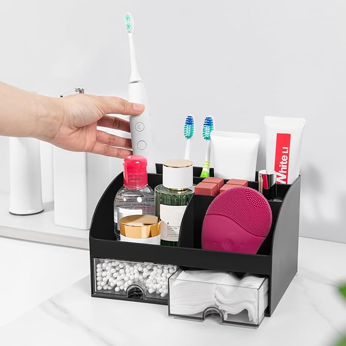 VITVITI Toothbrush Holders for Bathrooms Countertop, 5 Slots Toothpaste Bathroom Counter Sink Organizer with Drawers, Plastic Bathroom Organizer for Vanity/Makeup/Office Black