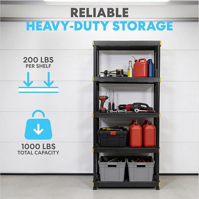 Simpli-Magic 5-Tier Heavy Duty Plastic Storage Shelving Unit, Garage & Basement Organizer, Modular Rack, 36 x 18 x 75 Inches, 200 lbs per Shelf, 1000 lbs Total Capacity