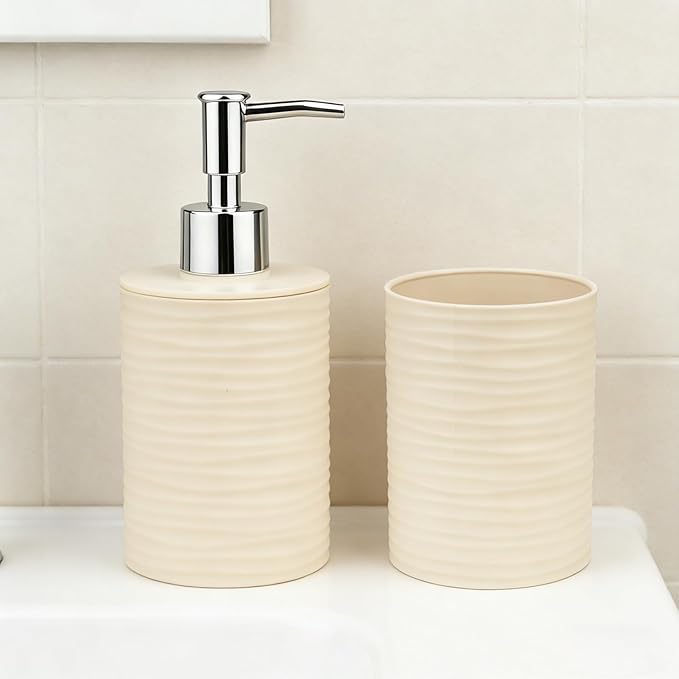 Bathroom Accessories Set, 2-Piece Beige Soap Dispenser & Toothbrush Holder with Ripple Texture & Rust-Proof Pump, Modern Matte Organization