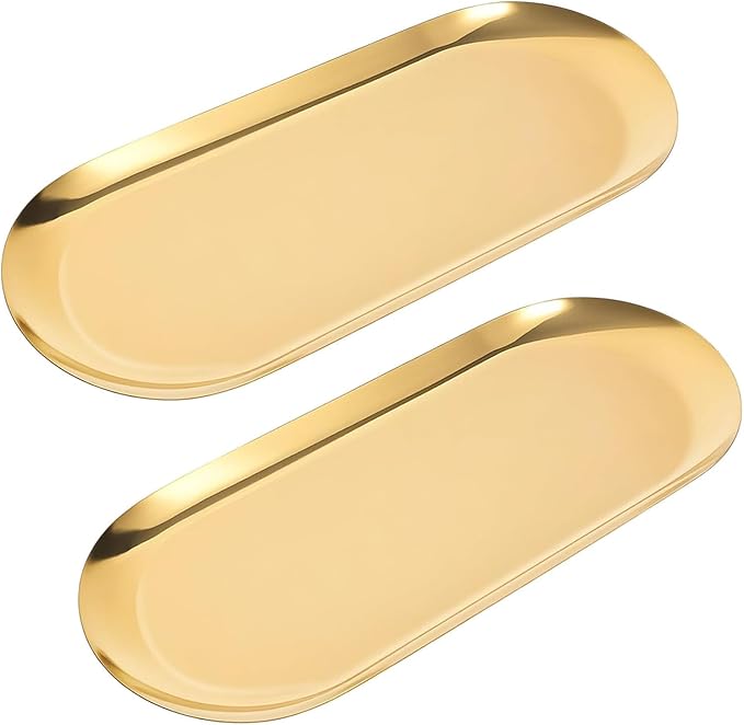 2 Pack Stainless Steel Decorative Tray, 12 Inch Oval Vanity Tray for Jewelry, Small Storage Plate for Cosmetics Organizer Bathroom Key Candle (Gold)
