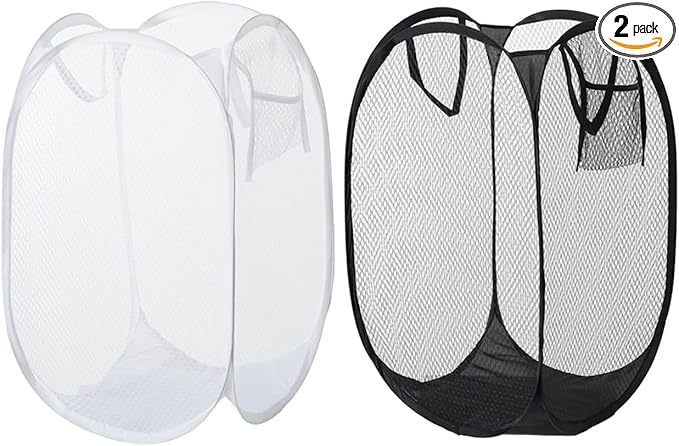 2pcs Pop Up Mesh Laundry Hamper Room Collapsible Storage Bin Lightweight Basket For College Dorm Home Travel Camping (Black & White)