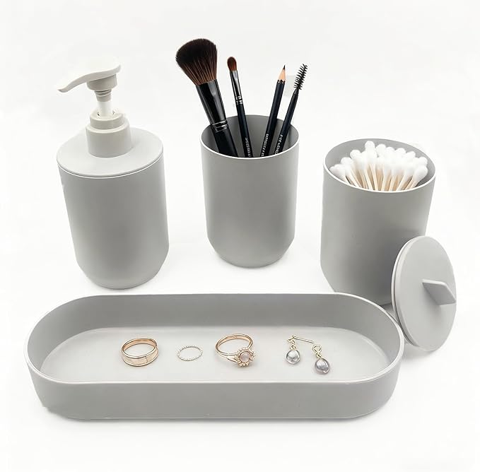 4-Piece Light Gray Bathroom Organizer Set, Plastic Countertop Storage with Lotion Soap Dispenser, Tumbler, Cotton Swab Cup & Vanity Tray – Clean Bathroom Decor for Modern Spaces