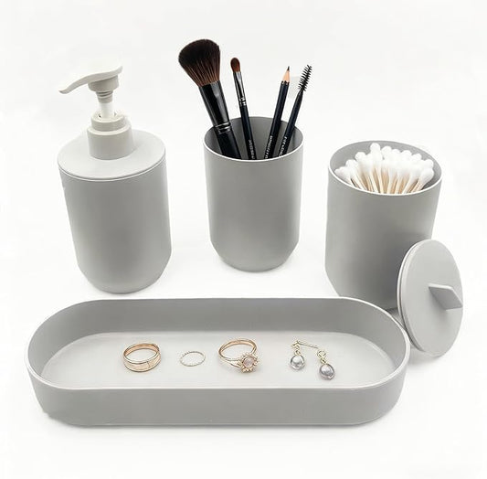 4-Piece Light Gray Bathroom Organizer Set, Plastic Countertop Storage with Lotion Soap Dispenser, Tumbler, Cotton Swab Cup & Vanity Tray – Clean Bathroom Decor for Modern Spaces