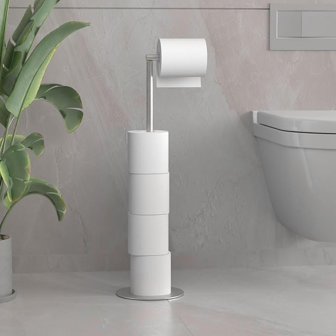 Bathroom Toilet Paper Holder Stand Modern Tissue Roll Stainless Steel Rustproof Freestanding Holder Matte Black (Silver)