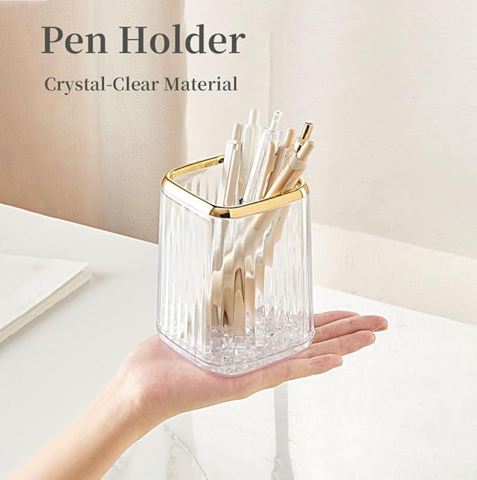 Acrylic Pen Holder, Cute Clear Desk Organizer for Pencils, Makeup Brushes Toothbrushes Storage Cup with Striped Design for Vanity Bathroom