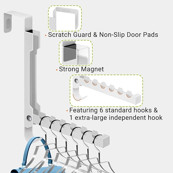 Over The Door Hooks, 7-Hook Metal Door Hanger Clothes Drying Rack, Foldable Portable Space Saving, Extra Large Hook for Clothes Coat Bag - Bedroom Laundry Room Travel, White