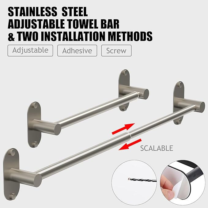 Towel Bar, Adjustable 14.4inch - 25.2inch Towel Rack, Self Adhesive Wall Mounted for Bathroom Kitchen Hand Towel Holder Cloths Hanger 304 Stainless Steel Organizer Single Bar (Brushed Nickel)