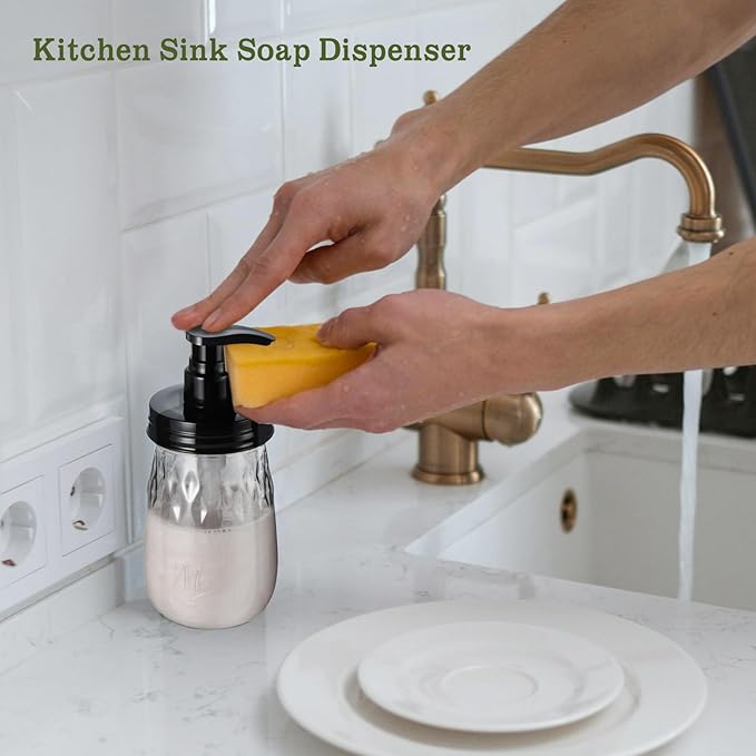 Amolliar Plastic Soap Dispenser with Pump Lid, 16 Oz Refillable Bathroom Hand Dish Soap Dispenser Set, Clear Kitchen Liquid Dispenser with Cute Lables for Farmhouse Shower (1 Pack, Black)