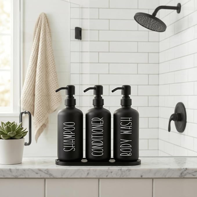 MOMEEMO Reusable Shampoo and Conditioner Bottles with Tray, Shampoo Bottles Refillable with Pump, Pump Bottles for Shampoo and Conditioner, Shower Dispenser Bottles (Black)