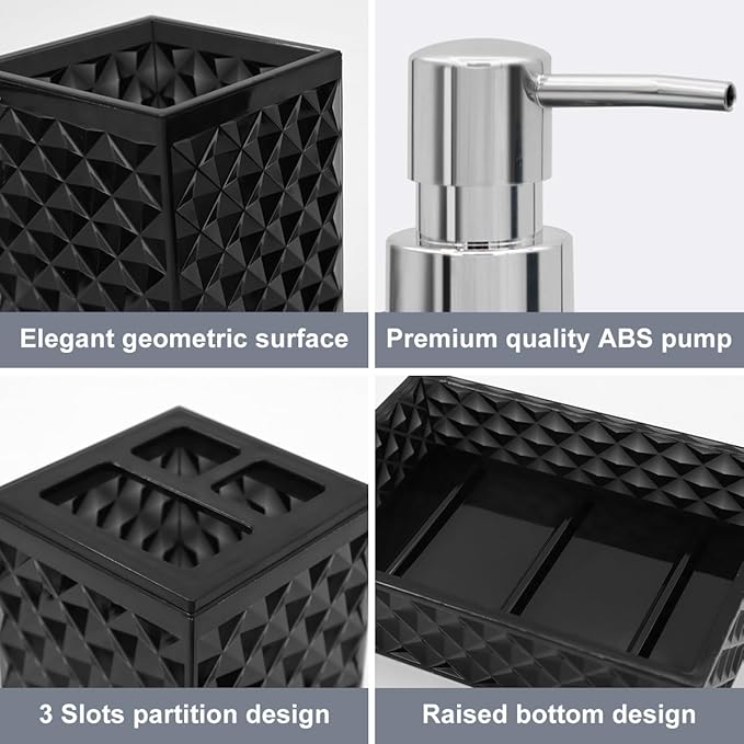 Bathroom Accessories Set, 4 Pcs Black Bathroom Decor Bathroom Sets Accessories, Diamond Soap Dispenser, Bathroom Tumbler, Soap Dish and Toothbrush Holder Set, Boho Bathroom Decor, Black