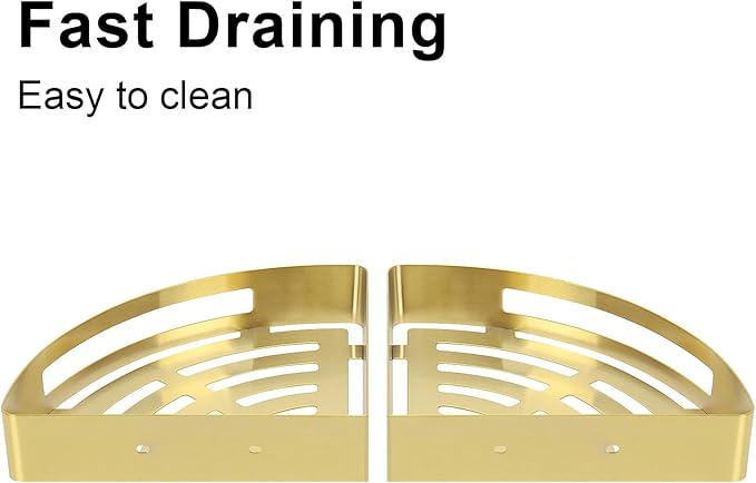 NearMoon Bathroom Shower Caddy 2 Pack, 304 Stainless Steel Shower Organizer with 2 Hooks, No Drill (Corner Shelf, Gold)