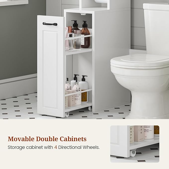 UPOSOJA Over The Toilet Storage Cabinet with Pulley Small Bathroom Storage, Space Saver W/Adjustable Shelf & Rack for Bathroom, Restroom, Laundry (White-Type B)