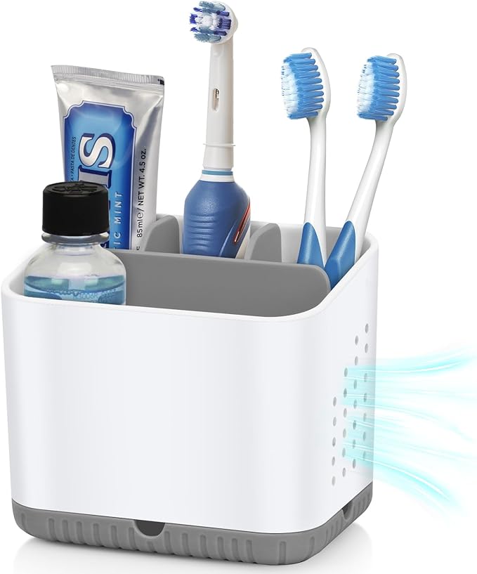 PARKMANI Toothbrush Holders for Bathrooms, Kids Electric Toothbrush and Toothpaste Holder, 4 Slots Tooth Brushing Holder for Bathroom Countertop Organizer and Storage, Bathroom Accessories (Grey)