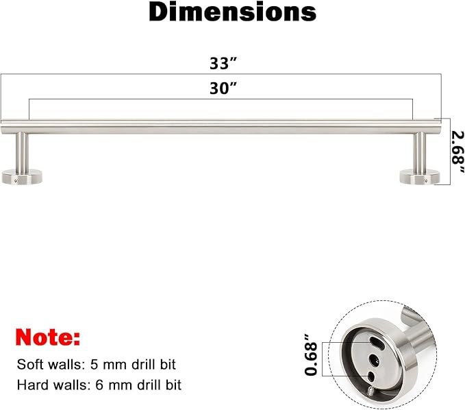NearMoon Bath Towel Bar, Thicken Stainless Steel Shower Towel Rack Holder Wall Mounted for Bathroom, 33-lnch Overall Length-30-lnch Usable Hanging Space (1 Pack, Brushed Nickel)