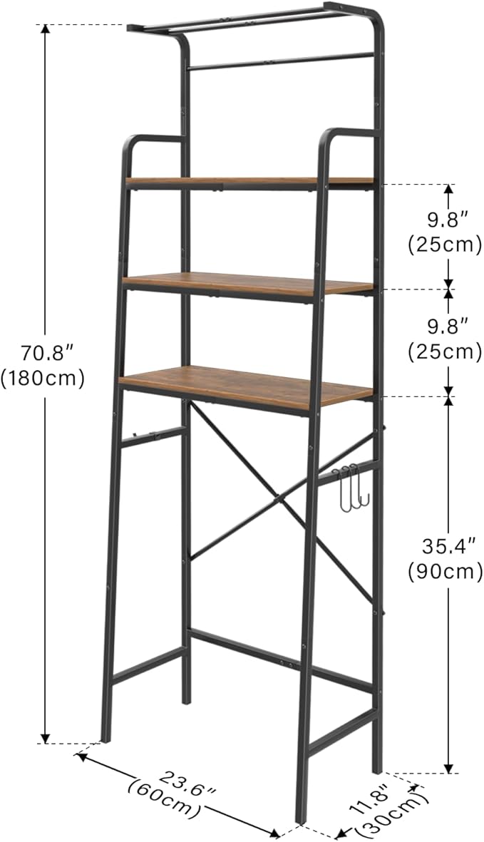 REFGY Over The Toilet Storage Cabinet,3-Tier Over The Toilet Storage Shelf with Hanging Bar,Metal Frame with Wood Bathroom Organizer Shelves,Space Saving Storage Bathroom Shelves Above Toilet for Room