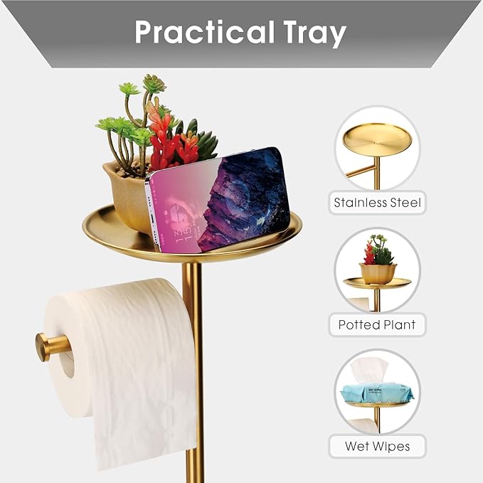 Toilet Paper Holder Stand Gold with Shelf on Top, Sturdy TP Roll Holder Floor Standing, Stainless Steel Base (Gold)