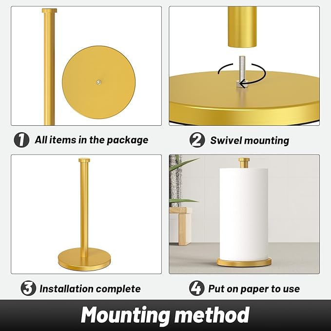 VEHHE Paper Towel Holder Countertop, Weighted Non-Slip Base, Stainless Steel Paper Towel Holder for Kitchen Bathroom (Gold)