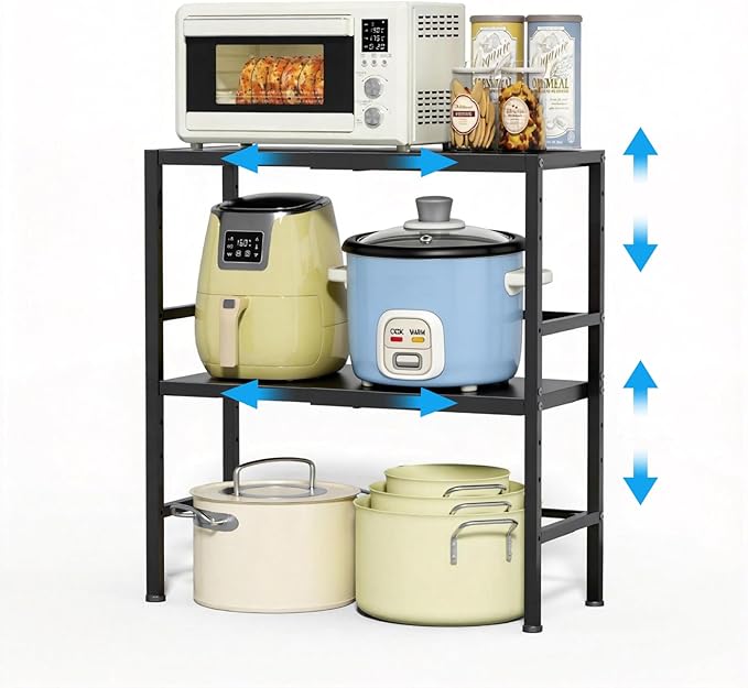 Expandable Metal Storage Shelves, 300 LBS Heavy Duty Metal Shelving Unit Rack For Pots And Pans Appliances Heavy Items, Adjustable 2 Tier Storage Shelf Rack Organizer For Kitchen Pantry Garage Laundry