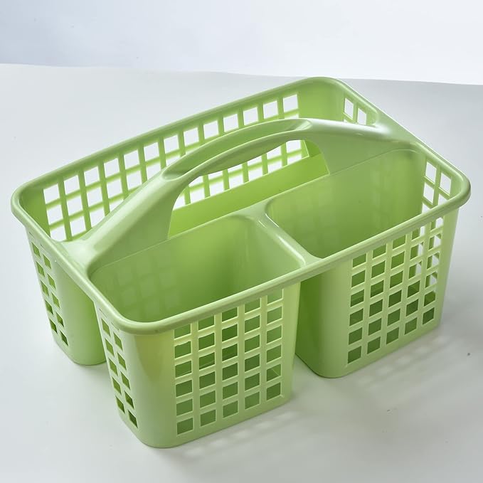 ALINK Plastic Shower Caddy Basket with Compartments, Portable Divided Cleaning Supply Storage Organizer with Handle for College Dorm Bathroom - Green