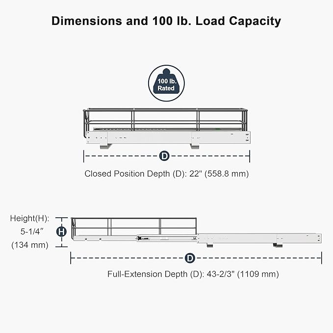 Pull Out Shelves - 23" W x 22" D Soft Close Pull Out Cabinet Organizer 1 Tier - Sliding Shelves with Shelf Liner - Heavy Duty Steel Wire Drawers for Kitchen Cabinets, Pantry, Bathroom