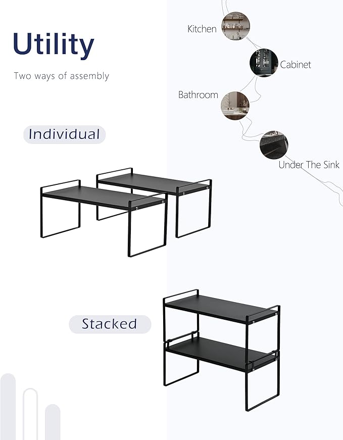 Nxconsu 2 Pack Cabinet Shelf Organizer 16.1"x8.3"x7.3" Black, Stackable Kitchen Counter Shelf Riser, Heavy Duty 3mm Steel Storage Rack for Pantry Cupboard Bathroom Under Sink, 50lbs Capacity, Non-Slip