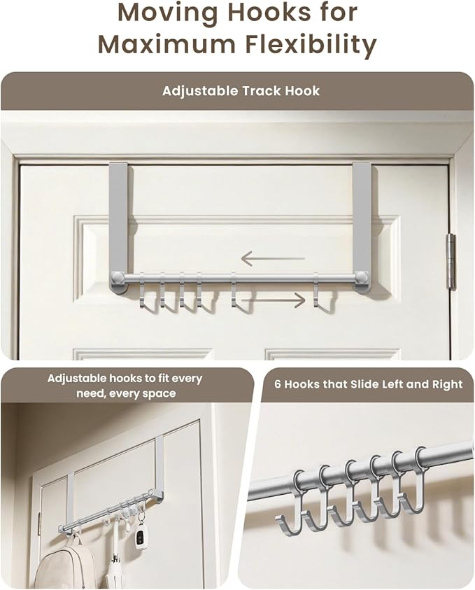 BOF Heavy Duty Over The Door Hooks, Moving 6 Door Hooks for Hanging, Over The Door Hanger Organizer for Bathroom,Silver