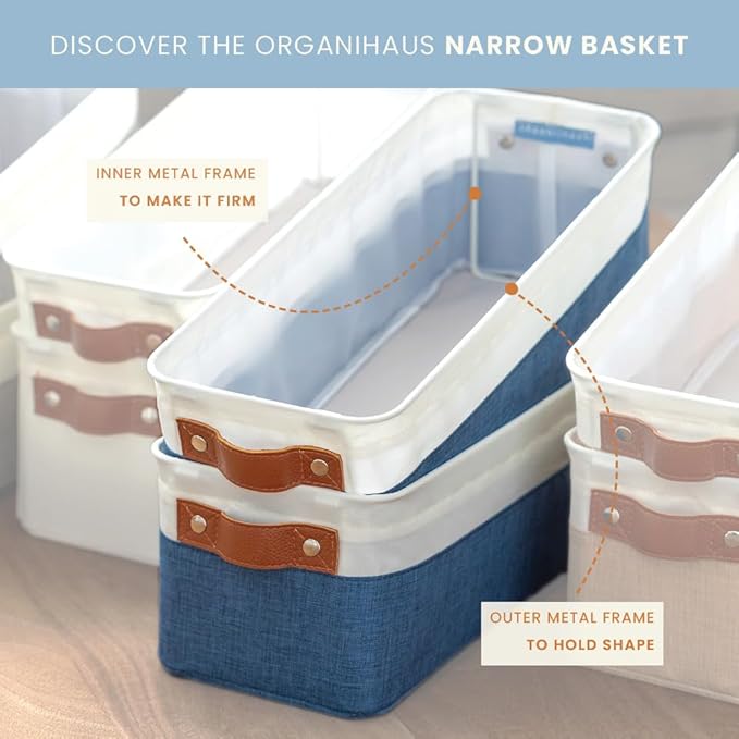 OrganiHaus 15x6in Canvas Storage Baskets 2 Pack | NARROW Fabric Bins for Shelves | Bathroom & Toilet Paper Organizer | White Striped Brown