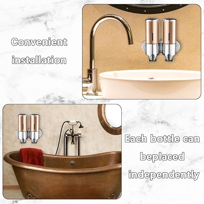 2 Chamber Wall Mounted Bathroom Shower Pump Dispenser and Organizer-Holds Shampoo, Soap, Conditioner, Shower Gel, for Bathroom Kitchen Hotel (Gold 2 Chamber)