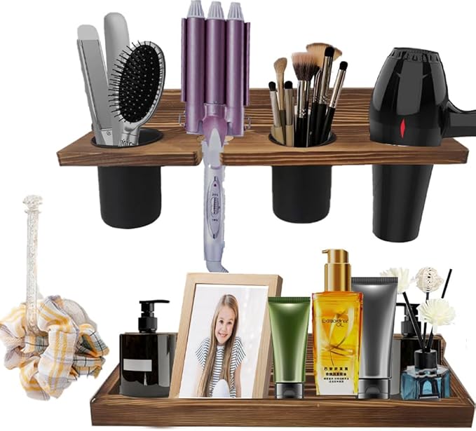 Wall-Mounted Hair Tool Organizer with Heat Resistance - Set of 2 Layer Rustic Blow Dryer Holder (Dark Brown)