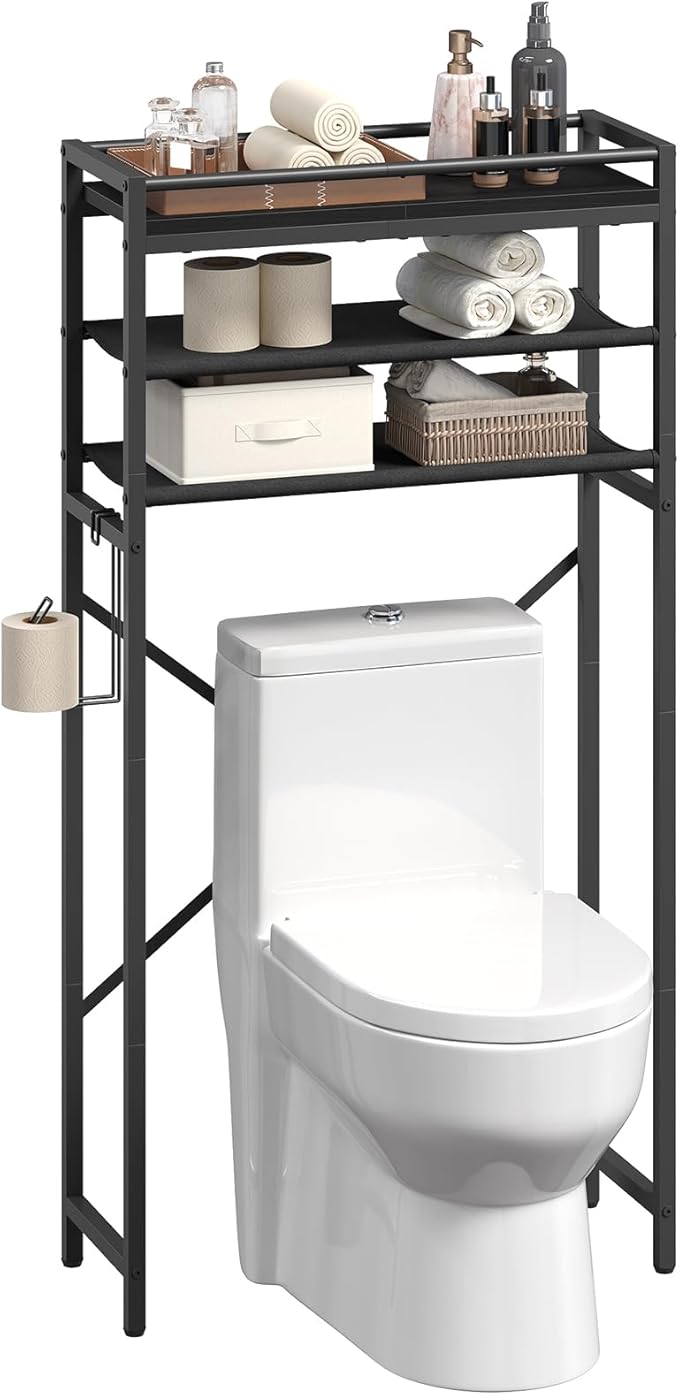 MAHANCRIS Over The Toilet Storage, 3-Tier Over Toilet Bathroom Organizer with Paper Holder, Freestanding Bathroom Shelves Above Toilet for Balcony Laundry Room, Space Saving, Black TSBK1201