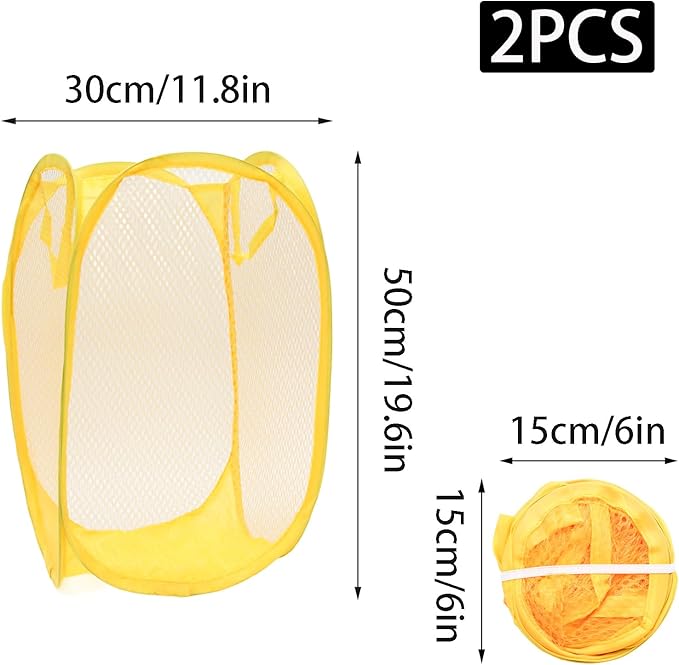 2Pcs Small Laundry Hampers, Folding Popup Mesh Laundry Basket, Collapsible Dirty Clothes Hamper, Portable Mesh Popup Hamper, Ideal for Bedroom, Travel and Home Use (Pink & Yellow)