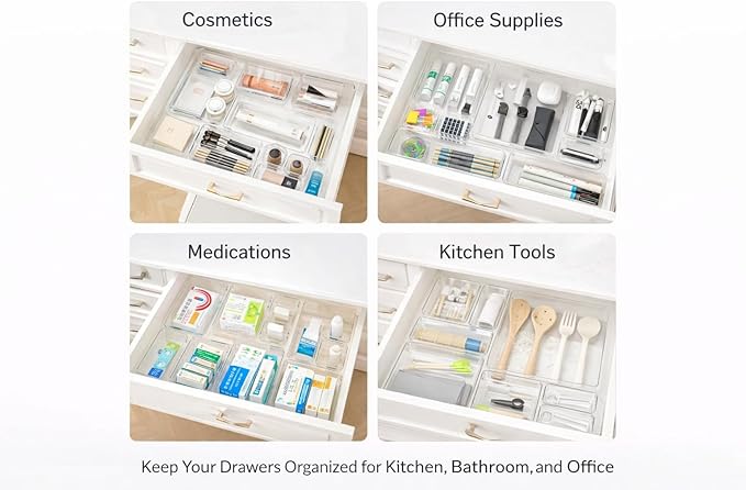 8 Pack Clear Drawer Organizer Bins, Plastic Storage Trays for Makeup, Kitchen, Bathroom, Desk, Stackable Drawer Dividers for Cosmetics, Office Supplies, Vanity Organizer