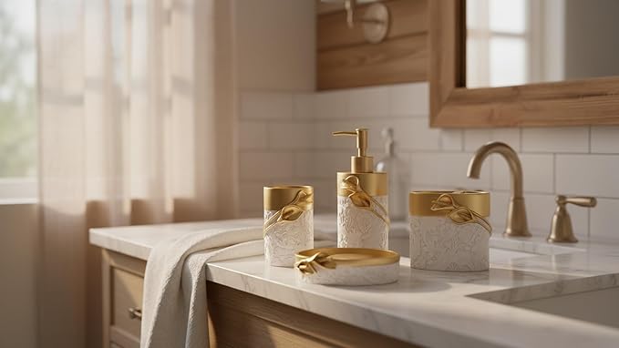 Hymmah Bathroom Accessories Set,Golden Design Toothbrush Holder,Farmhouse Bathroom Decor,4 Pcs Resin Gift Set Apartment Necessities, Contain Toothbrush Cup,Soap Dispenser,Soap Dish,Tumbler
