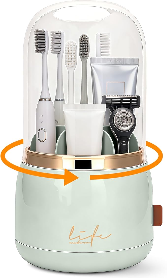 360º Rotating Toothbrush Holder with Cover, Dustproof Waterproof Cosmetic Organizer, 7-Slot Bathroom Countertop Organizer with Drainage for Makeup Brushes, Electric Toothbrushes, Toothpaste