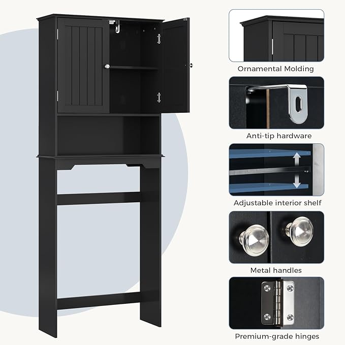 DUMOS Over the Toilet Storage Cabinet, Bathroom Storage Cabinet Over Toilet with Double Doors and Adjustable Shelf, Freestanding Toilet Rack for Bathroom, Black