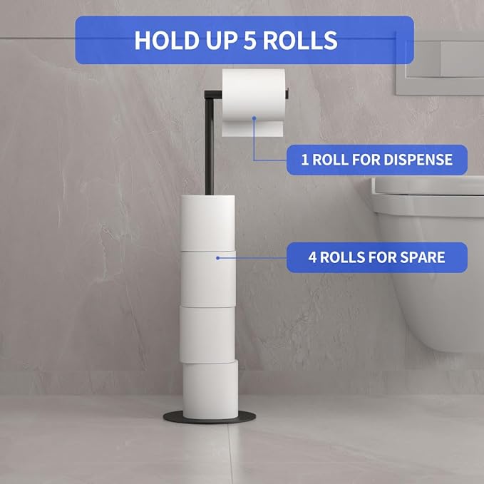 Bathroom Toilet Paper Holder Stand Modern Tissue Roll Stainless Steel Rustproof Freestanding Holder Matte Black (Black)