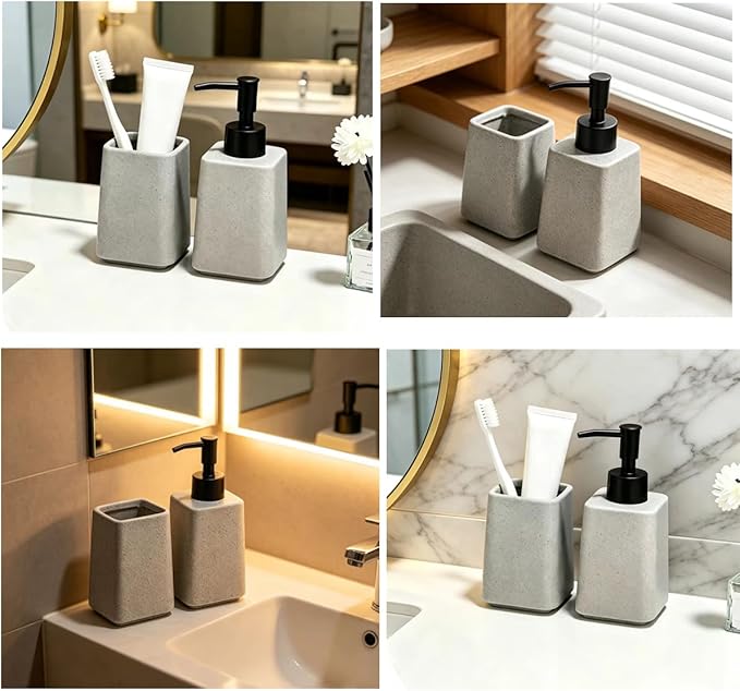 Grey Ceramic Bathroom Accessories Set 2Pieces,Soap Dispenser and Toothbrush Holder,Countertop Organizer for Stylish Bathroom