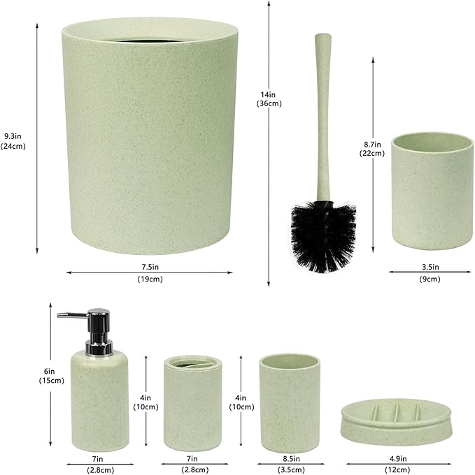 CERBIOR Bathroom Accessories Set 6 Piece Wheat Straw Bath Ensemble Includes Soap Dispenser, Toothbrush Holder, Toothbrush Cup, Soap Dish for Decorative Countertop and Housewarming Gift (Green)